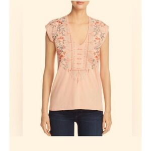 Johnny‎ Was Women's  Calida Embroidered Cap-Sleeve Top Sz Small Apricot Peach